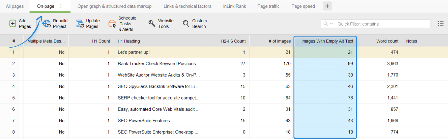 finding empty alt texts in website auditor