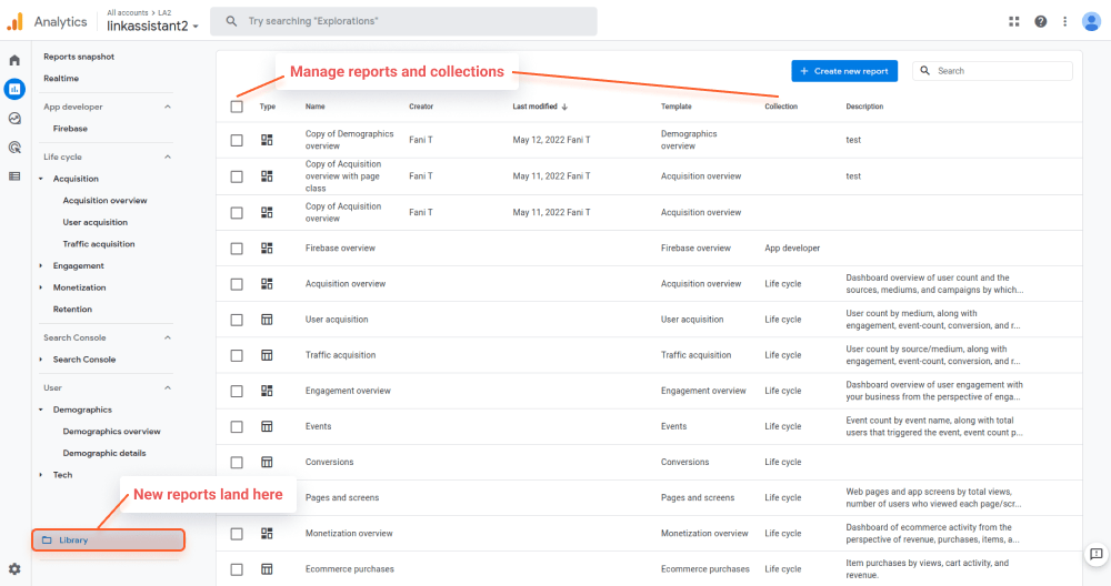 Library in GA4 to manage collections and reports