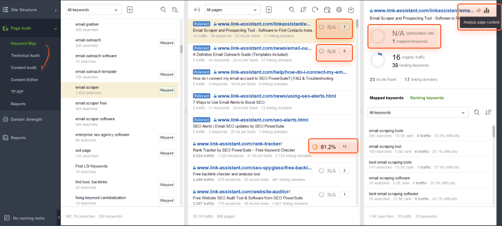 Klicken Sie auf die Schaltfläche oben rechts, um zum Content Audit zu wechseln und die Seite auf das zugeordnete Schlüsselwort zu analysieren