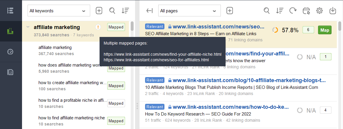Die Keyword Map signalisiert mit einem Ausrufezeichen, wenn ein Keyword mehreren Seiten zugewiesen wurde
