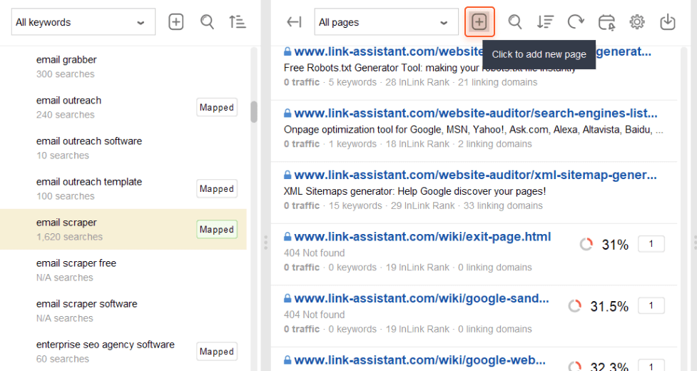 Hinzufügen neuer Seiten zur Keyword Map