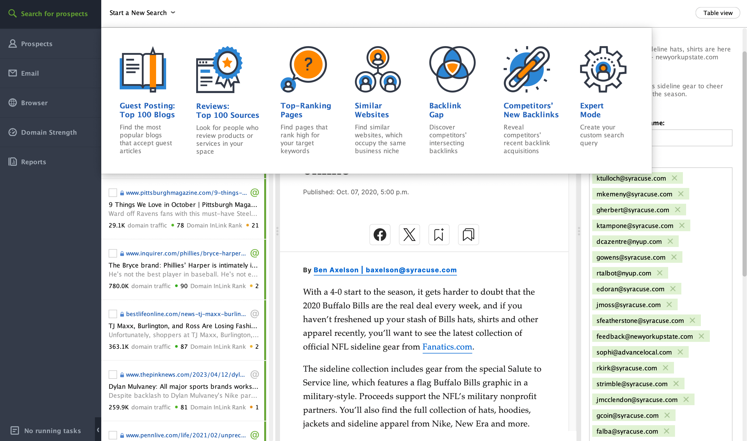 Searching for prospects in LinkAssistant