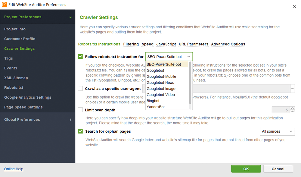 Configuración avanzada del rastreador para ejecutar una auditoría de sitio personalizada, eligiendo rastreadores y recursos específicos para examinar