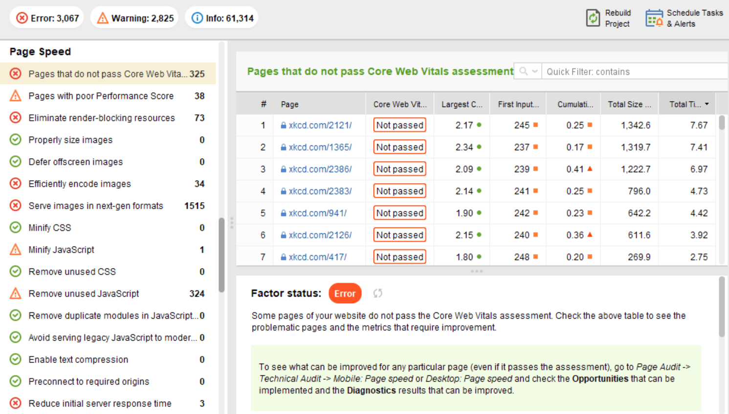 Comprobación de Core Web Vitals en WebSite Auditor