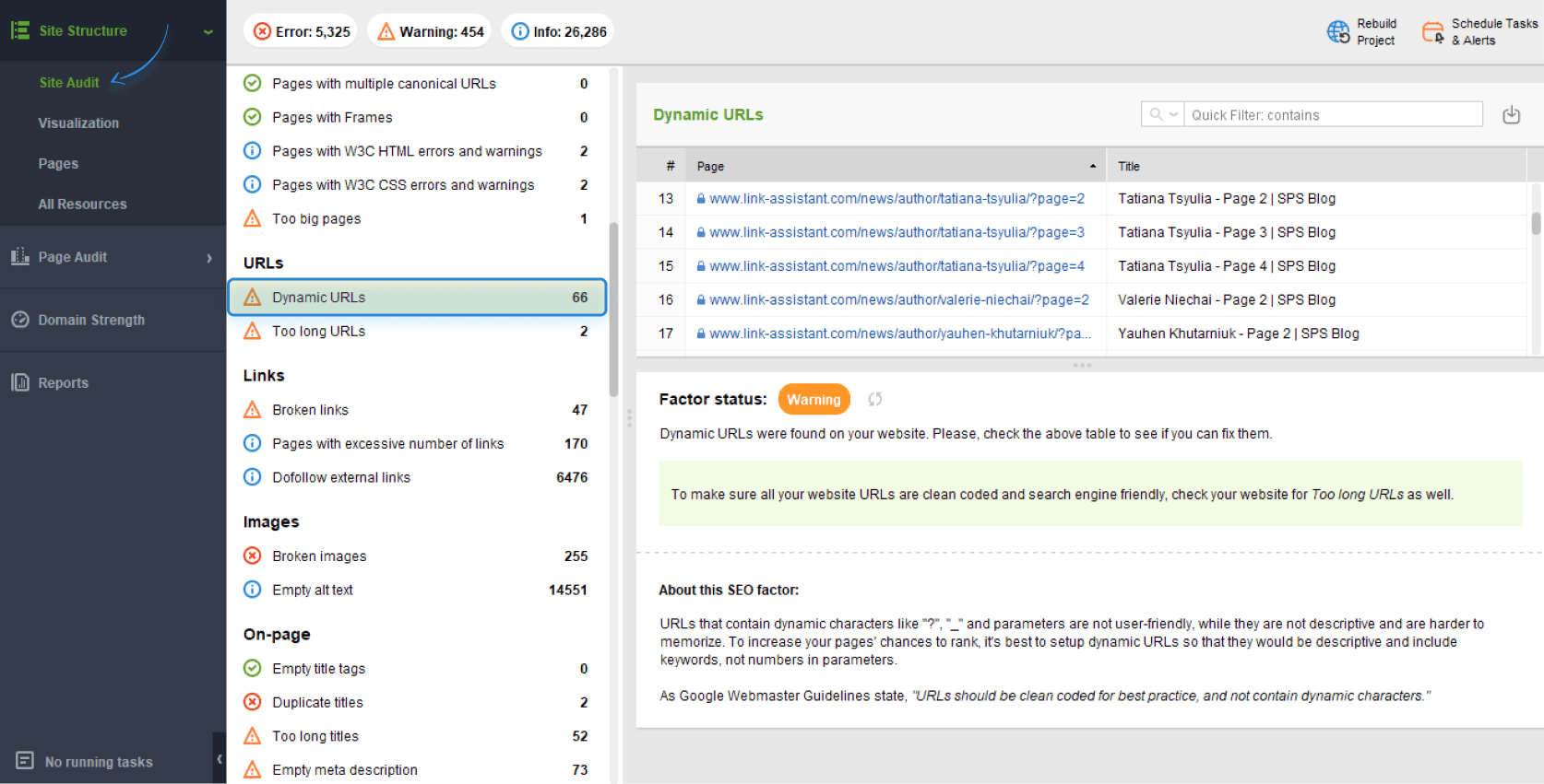 finding dynamic URLs in WebSite Auditor