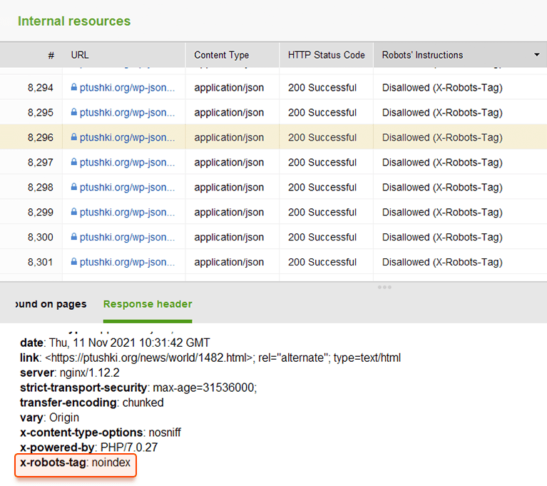 Compruebe las reglas de bloqueo en la pestaña Todos los recursos > Recursos internos de WebSite Auditor
